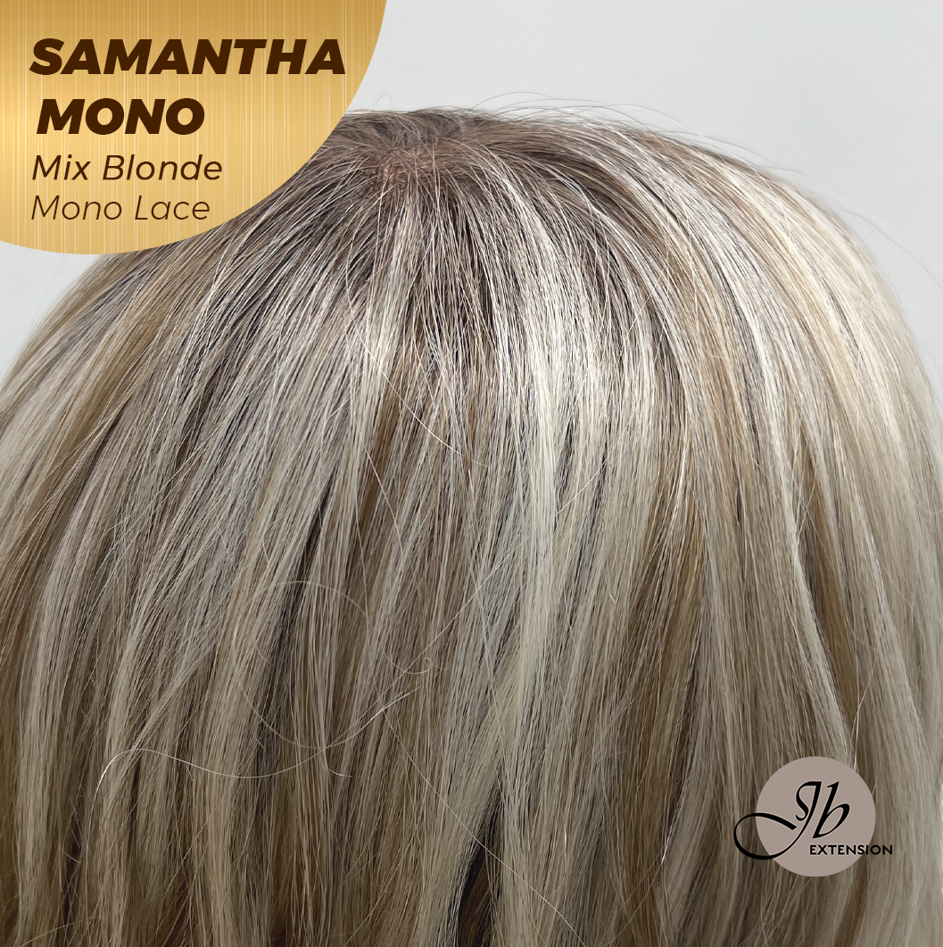 JBEXTENSION SAMANTHA MONO Full Monofilament Handmade Full Lace Full Hand Tied Wig 17 Inches Mix Blonde Mono Lace Handmade Futura Fiber Wig with Anti-slip Silicone Strips Glueless Wig SAMANTHA MONO MIX BLONDE【BENDY EAR TABS】