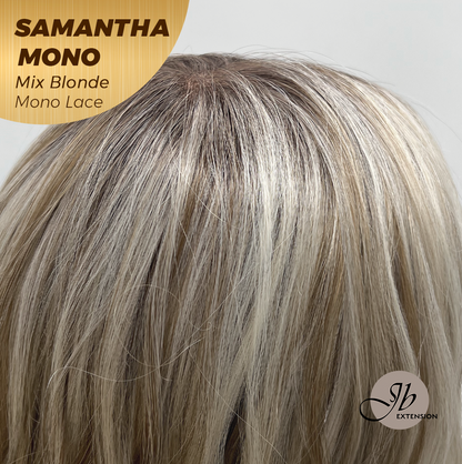 JBEXTENSION SAMANTHA MONO Full Monofilament Handmade Full Lace Full Hand Tied Wig 17 Inches Mix Blonde Mono Lace Handmade Futura Fiber Wig with Anti-slip Silicone Strips Glueless Wig SAMANTHA MONO MIX BLONDE【BENDY EAR TABS】