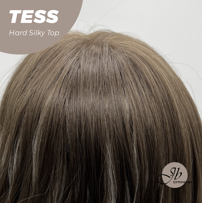 JBEXTENSION 15 Inches Scalpiana Wave Light Brown with Highlight 3.5X4 Hard Silky Top Natural Scalp Effect Wig with Bangs TESS