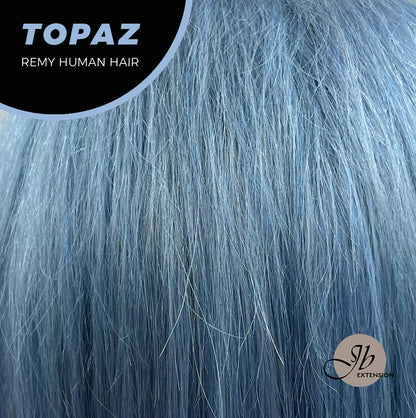 JBEXTENSION GEMSTONE COLLECTION 12 Inches Real Human Hair Light Blue Bob Cut Free Parting Wig TOPAZ