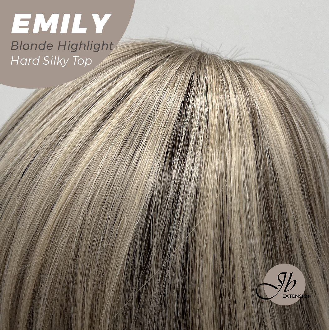 JBEXTENSION 18 Inches Scalpiana Curly Blonde Highlight 3.5X4 Hard Silky Top Natural Scalp Effect Wig with Bangs EMILY BLONDE HIGHLIGHT