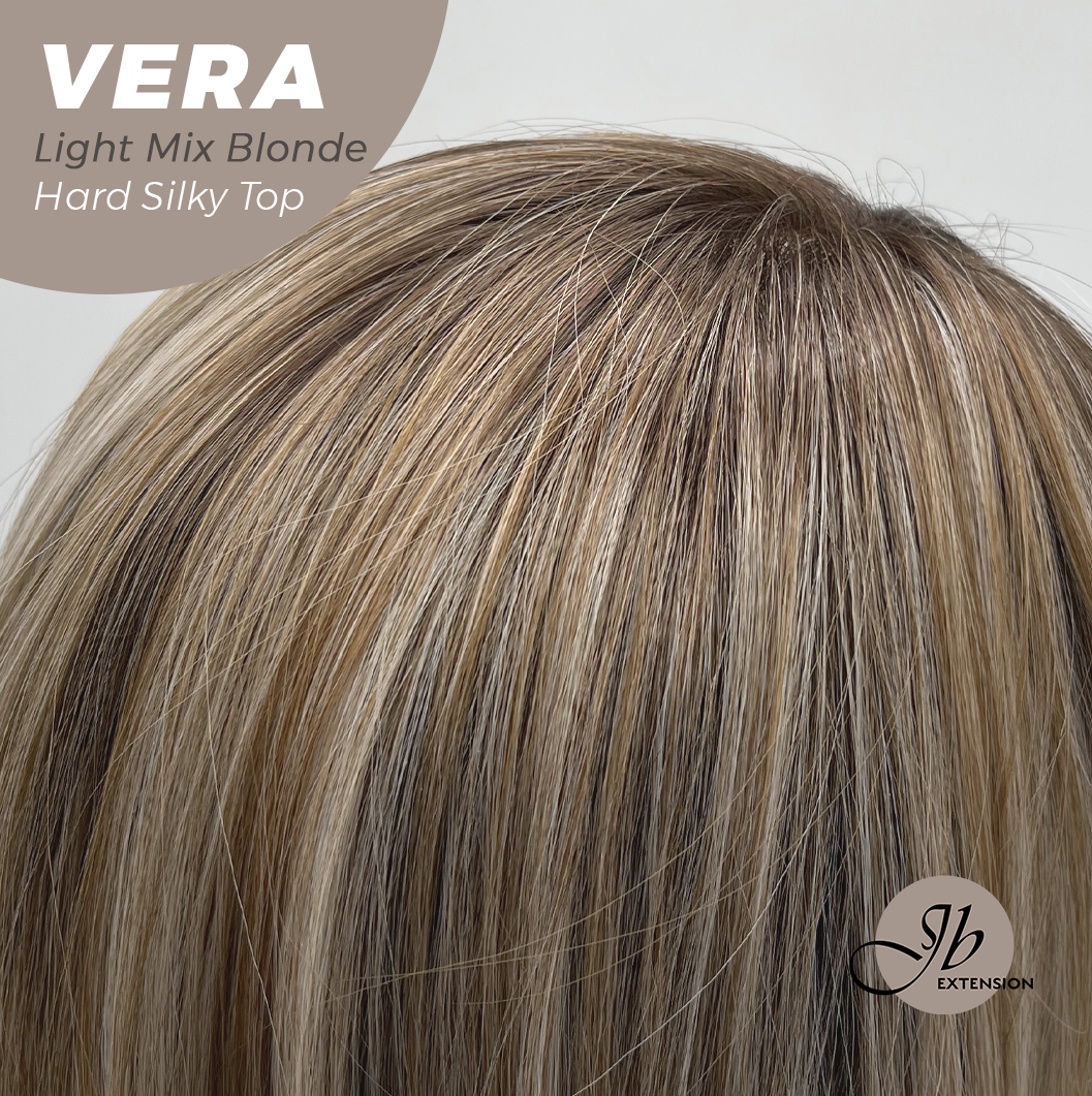 JBEXTENSION 17 Inches Scalpiana Curly Light Mix Blonde 3.5X4 Hard Silky Top Natural Scalp Effect Wig with Bangs VERA LIGHT MIX BLONDE