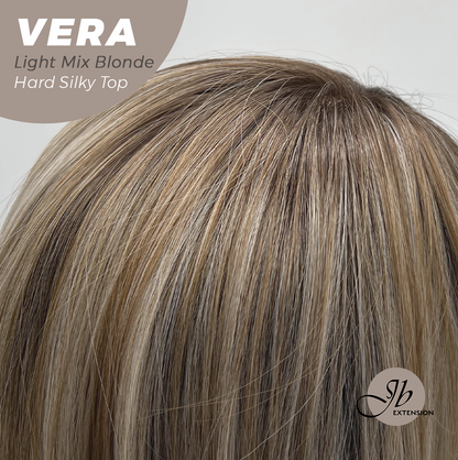 JBEXTENSION 17 Inches Scalpiana Curly Light Mix Blonde 3.5X4 Hard Silky Top Natural Scalp Effect Wig with Bangs VERA LIGHT MIX BLONDE