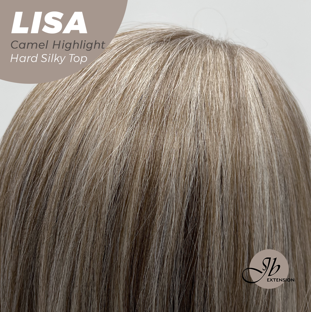 JBEXTENSION 26 Inches Scalpiana Long Curly Camel Highlight 3.5X4 Hard Silky Top Natural Scalp Effect Wig with Bangs LISA CAMEL HIGHLIGHT