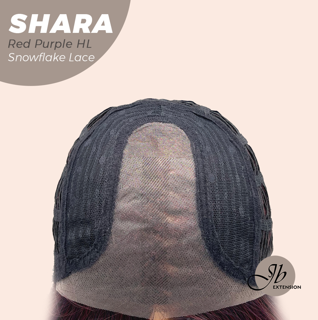 [FINAL SALE] JBEXTENSION 17 Inches Curly Red Purple Highlight Pre-Cut Arc Snowflake Lace Frontlace Glueless Wig SHARA RED PURPLE HIGHLIGHT【BENDY EAR TABS】