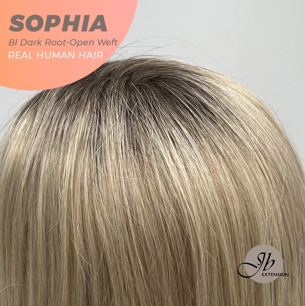 JBEXTENSION 12 Inches Blonde with Dark Root Pre-Cut Free Part Frontlace Glueless Real Human Hair Wig SOPHIA BLONDE WITH DARK ROOT - Open Weft【BENDY EAR TABS】
