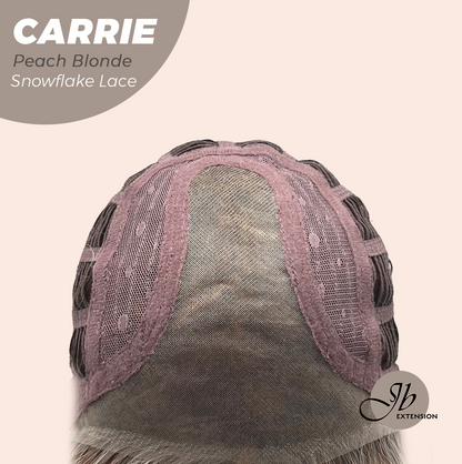 JBEXTENSION 11 Inches Short Hair Peach Blonde Pre-Cut Arc Snowflake Lace Frontlace Glueless Wig with Bangs CARRIE PEACH BLONDE【BENDY EAR TABS】