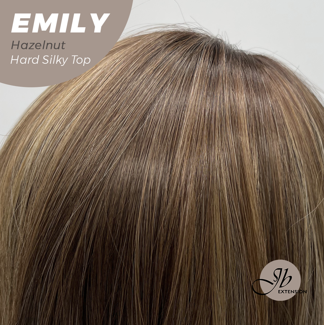 JBEXTENSION 18 Inches Scalpiana Curly Hazelnut 3.5X4 Hard Silky Top Natural Scalp Effect Wig with Bangs EMILY HAZELNUT
