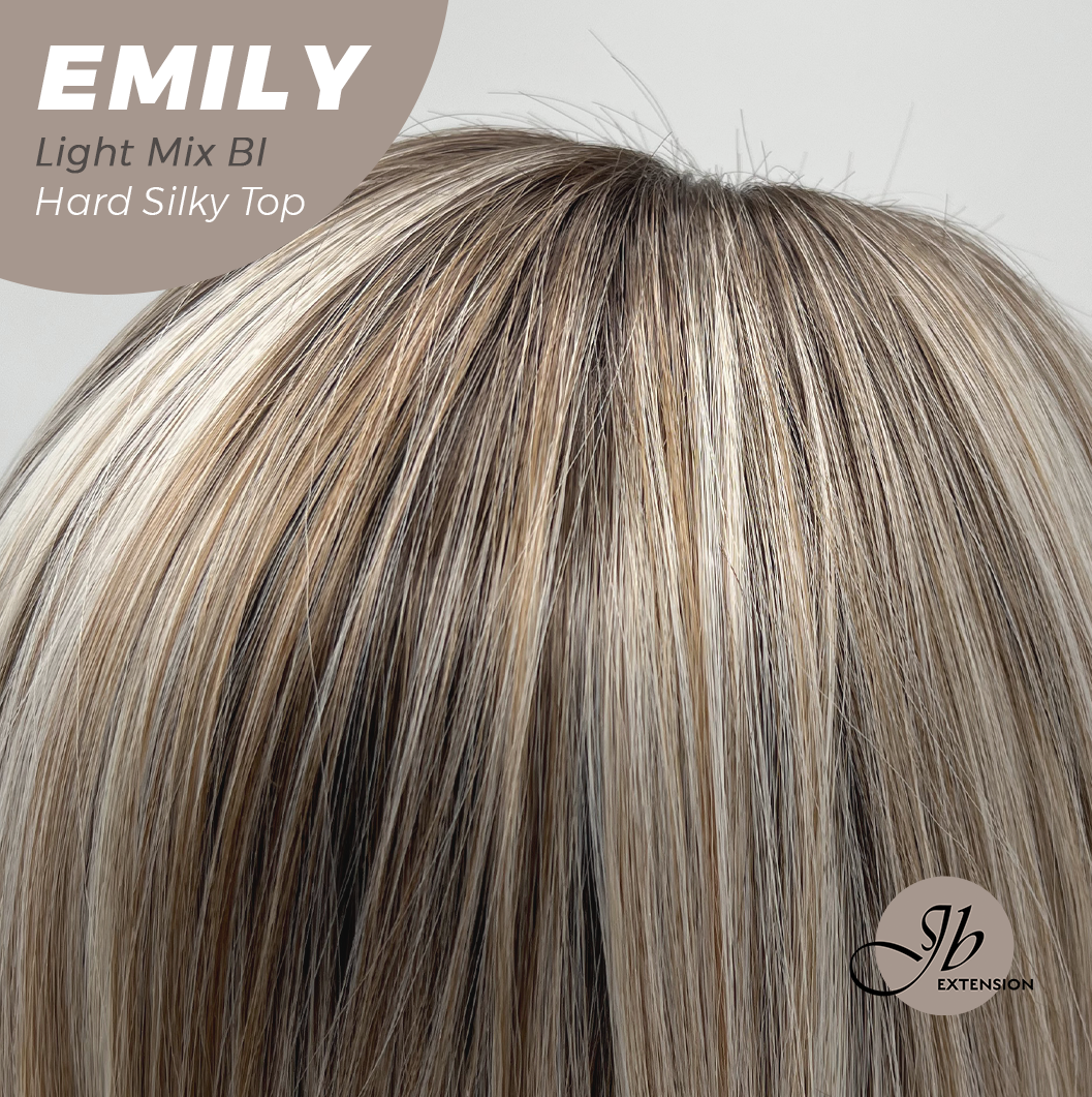JBEXTENSION 18 Inches Scalpiana Curly Light Mix Blonde 3.5X4 Hard Silky Top Natural Scalp Effect Wig with Bangs EMILY LIGHT MIX BLONDE