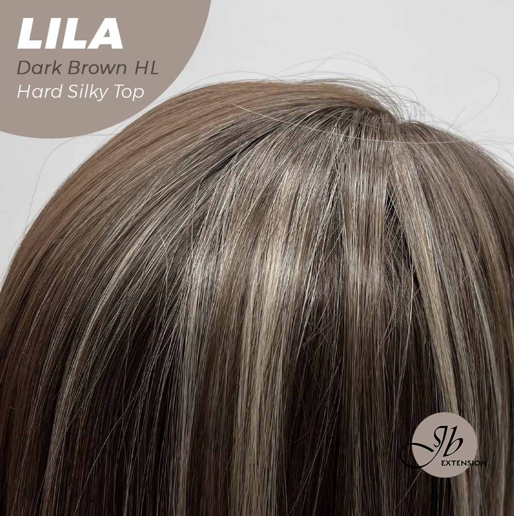 JBEXTENSION 20 Inches Scalpiana Dark Brown Highlight Wolf Cut 3.5X4 Hard Silky Top Natural Scalp Effect Wig With Bangs LILA DARK BROWN HIGHLIGHT