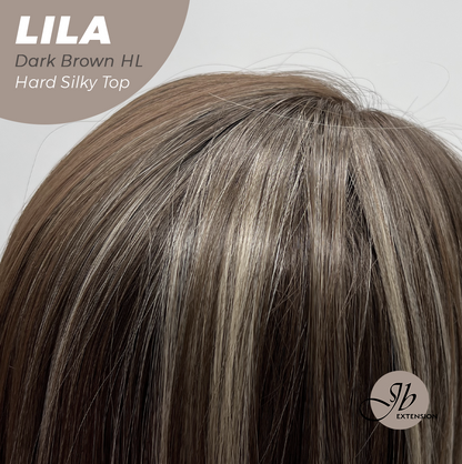 JBEXTENSION 20 Inches Scalpiana Dark Brown Highlight Wolf Cut 3.5X4 Hard Silky Top Natural Scalp Effect Wig With Bangs LILA DARK BROWN HIGHLIGHT