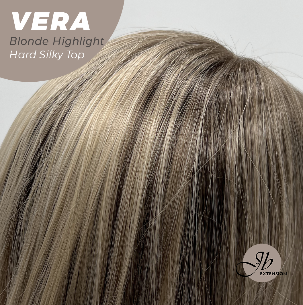 JBEXTENSION 17 Inches Scalpiana Curly Blonde Highlight 3.5X4 Hard Silky Top Natural Scalp Effect Wig with Bangs VERA BLONDE HIGHLIGHT