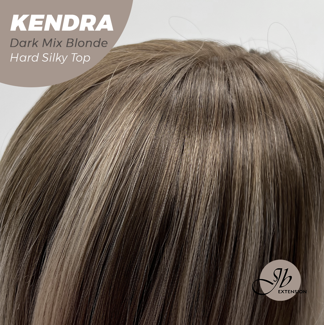 JBEXTENSION 26 Inches Scalpiana Long Curly Dark Mix Blonde 3.5X4 Hard Silky Top Natural Scalp Effect Wig with Bangs KENDRA DARK MIX BLONDE