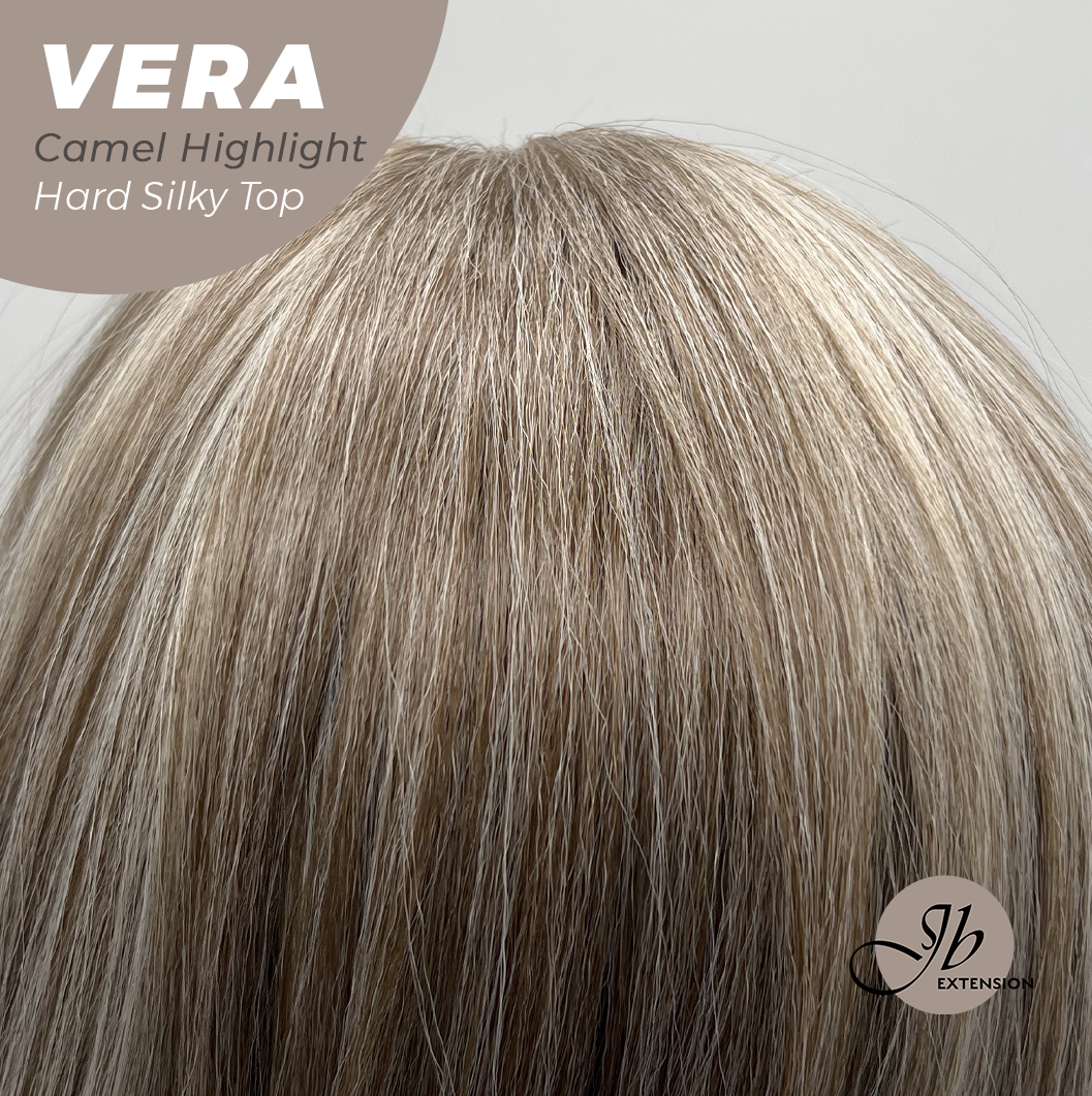 JBEXTENSION 17 Inches Scalpiana Curly Camel Highlight 3.5X4 Hard Silky Top Natural Scalp Effect Wig with Bangs VERA CAMEL HIGHLIGHT