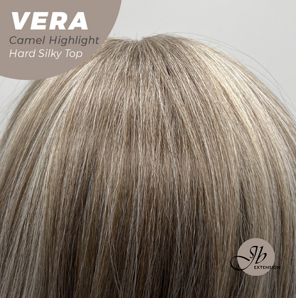 JBEXTENSION 17 Inches Scalpiana Curly Camel Highlight 3.5X4 Hard Silky Top Natural Scalp Effect Wig with Bangs VERA CAMEL HIGHLIGHT