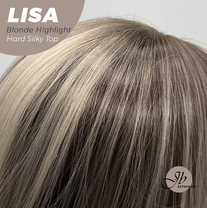 JBEXTENSION 26 Inches Scalpiana Long Curly Blonde Highlight 3.5X4 Hard Silky Top Natural Scalp Effect Wig with Bangs LISA BLONDE HIGHLIGHT