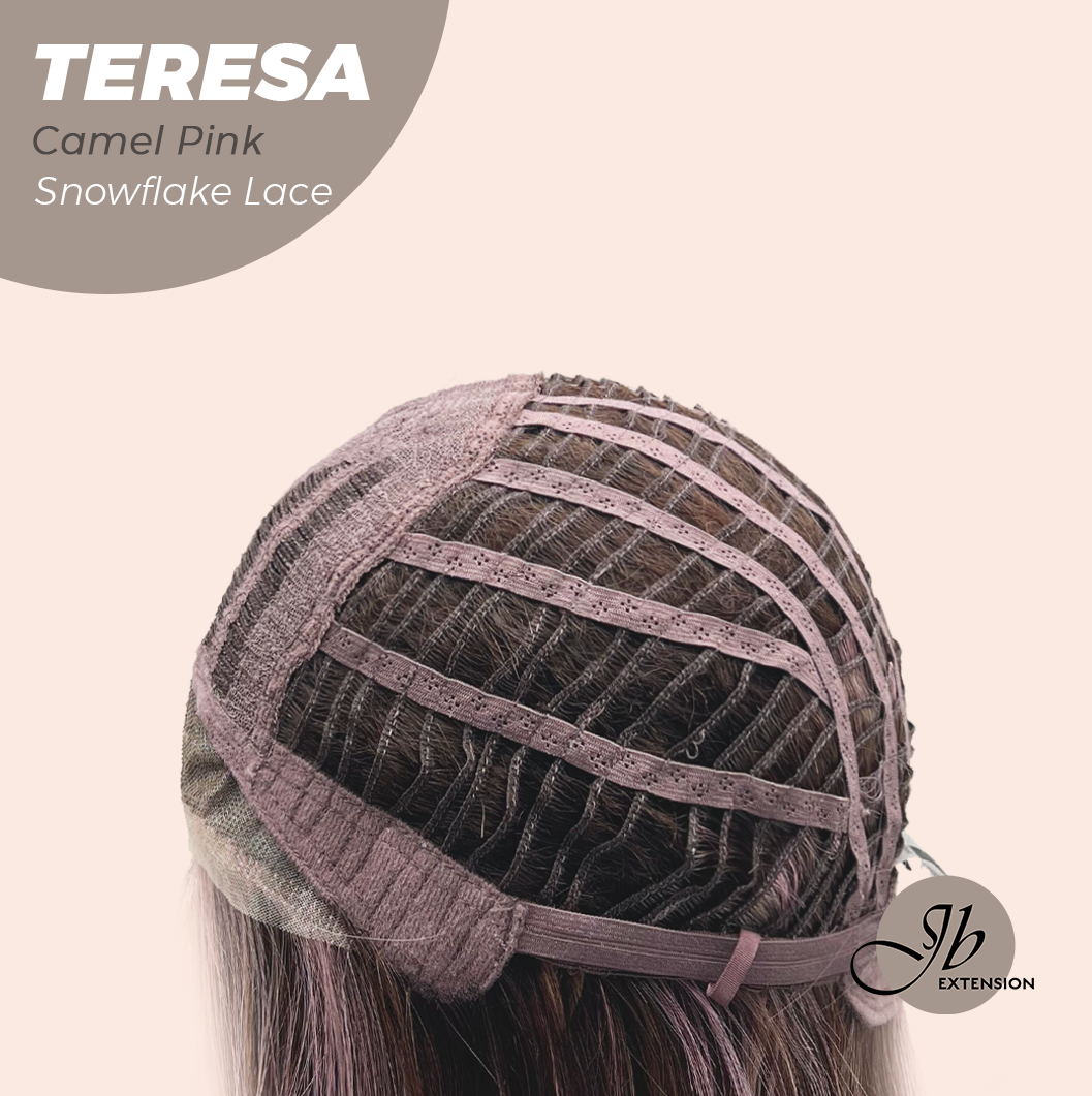 JBEXTENSION 18 Inches Camel Pink Pre-Cut Snowflake Lace Frontlace Glueless Wig TERESA CAMEL PINK【PERMATEASE】【BENDY EAR TABS】- M/L
