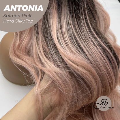 [FINAL SALE] JBEXTENSION 28 Inches Scalpiana Long Curly Salmon Pink 3.5X4 Hard Silky Top Natural Scalp Effect Wig ANTONIA SALMON PINK