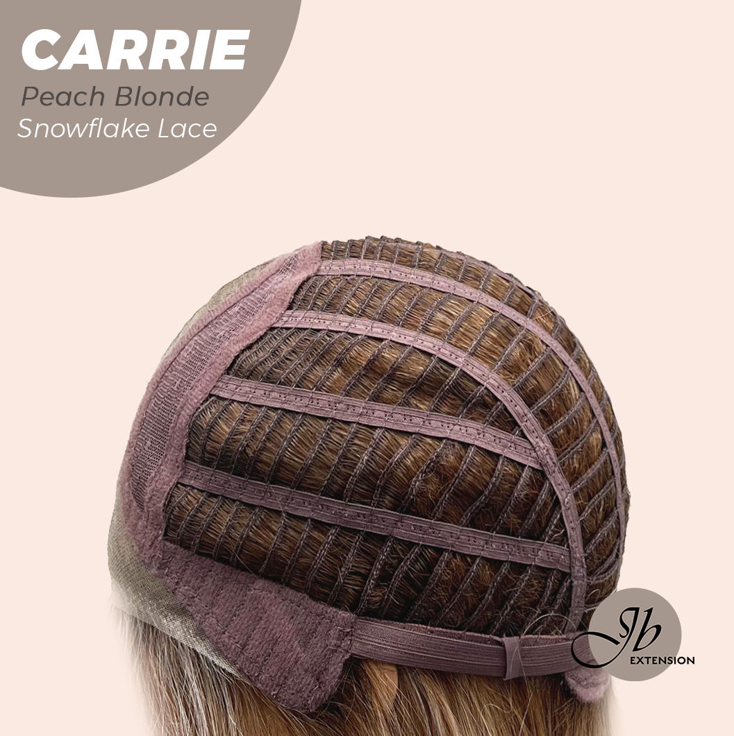 JBEXTENSION 11 Inches Short Hair Peach Blonde Pre-Cut Arc Snowflake Lace Frontlace Glueless Wig with Bangs CARRIE PEACH BLONDE【BENDY EAR TABS】