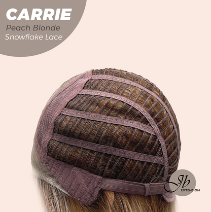 JBEXTENSION 11 Inches Short Hair Peach Blonde Pre-Cut Arc Snowflake Lace Frontlace Glueless Wig with Bangs CARRIE PEACH BLONDE【BENDY EAR TABS】