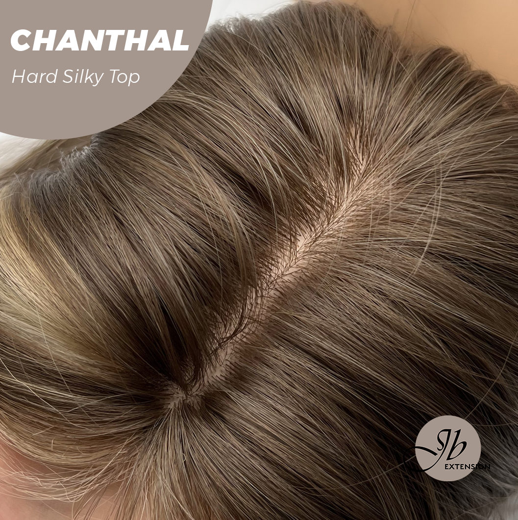 [FINAL SALE] JBEXTENSION 25 Inches Scalpiana Brown with Blonde Highlight 3.5X4 Hard Silky Top Natural Scalp Effect Wig With Bangs CHANTHAL