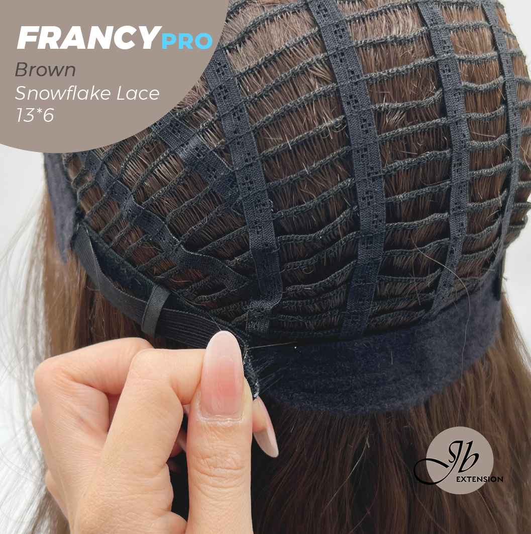JBEXTENSION 24 Inches Long Wave Brown Pre-Cut 13X6 Free Part Snowflake Lace Frontlace Glueless Wig FRANCY PRO - BROWN【BENDY EAR TABS】