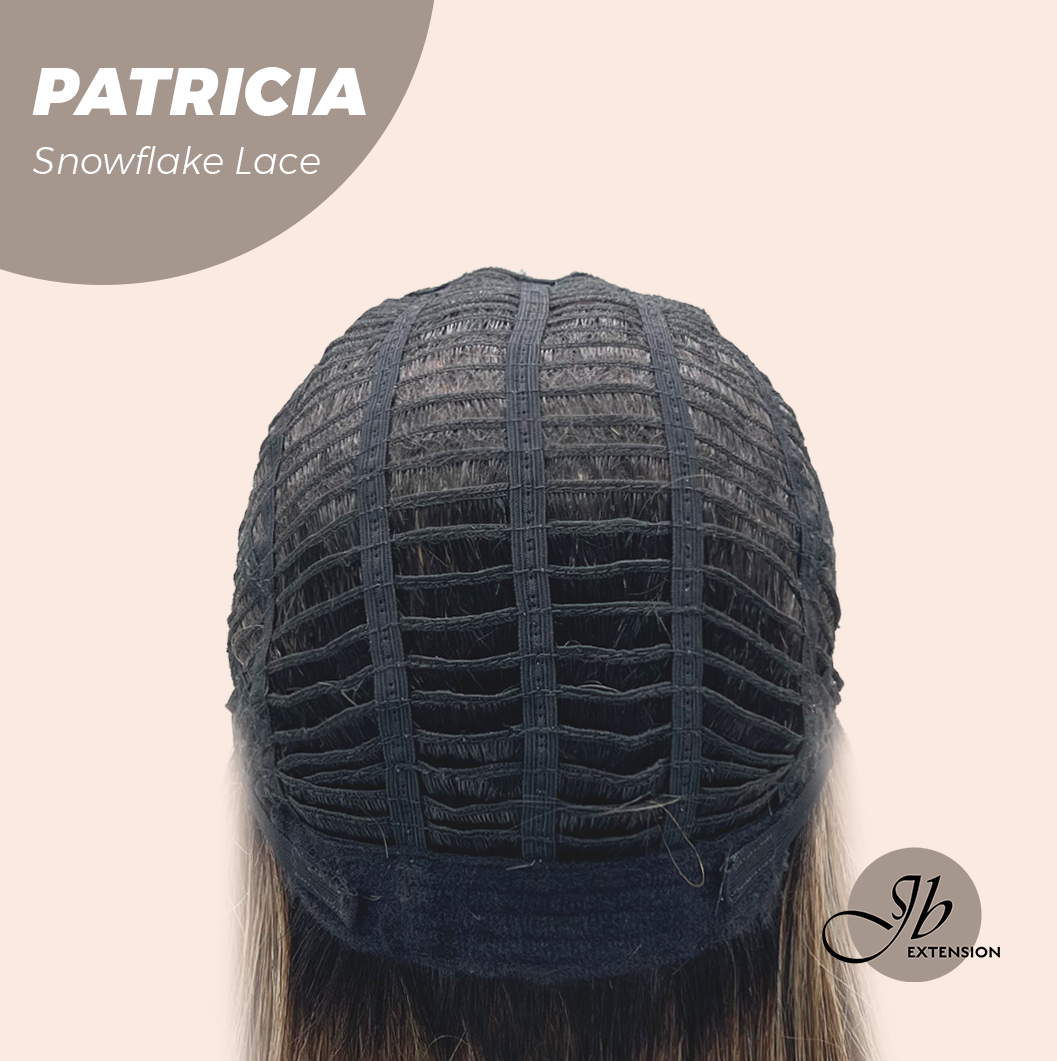 JBEXTENSION 17 Inches Dark Mix Blonde Pre-Cut Arc Snowflake Lace Frontlace Glueless Wig with Bangs PATRICIA【BENDY EAR TABS】
