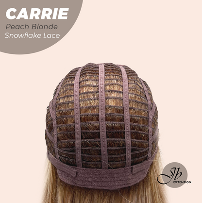 JBEXTENSION 11 Inches Short Hair Peach Blonde Pre-Cut Arc Snowflake Lace Frontlace Glueless Wig with Bangs CARRIE PEACH BLONDE【BENDY EAR TABS】
