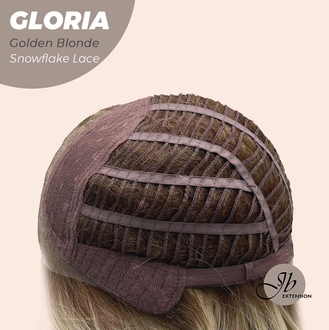 JBEXTENSION 14 Inches Curly Golden Blonde Wig with Bangs Pre-Cut Arc Snowflake Lace Frontlace Glueless Wig GLORIA GOLDEN BLONDE【BENDY EAR TABS】