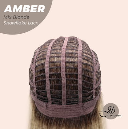 JBEXTENSION 21 Inches Straight Mix Blonde Pre-Cut Arc Snowflake Lace Frontlace Glueless Wig AMBER MIX BLONDE【BENDY EAR TABS】