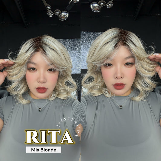 JBEXTENSION RITA MONO Monofilament Handmade Wig 6X5 Full Monofilament Hand Tied Top Wig 14 Inches Curly Mix Blonde Mono Lace Wig with Anti-slip Silicone Strips Glueless Wig RITA MONO - MIX BLONDE【BENDY EAR TABS】