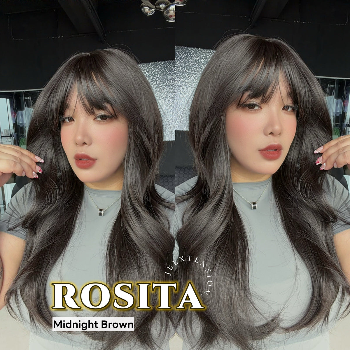 JBEXTENSION 24 Inches Curly Midnight Brown(Black/Brown) Wig with Bangs ROSITA MIDNIGHT BROWN