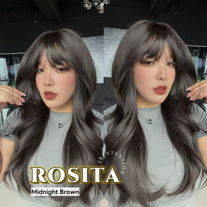 JBEXTENSION 24 Inches Curly Midnight Brown(Black/Brown) Wig with Bangs ROSITA MIDNIGHT BROWN