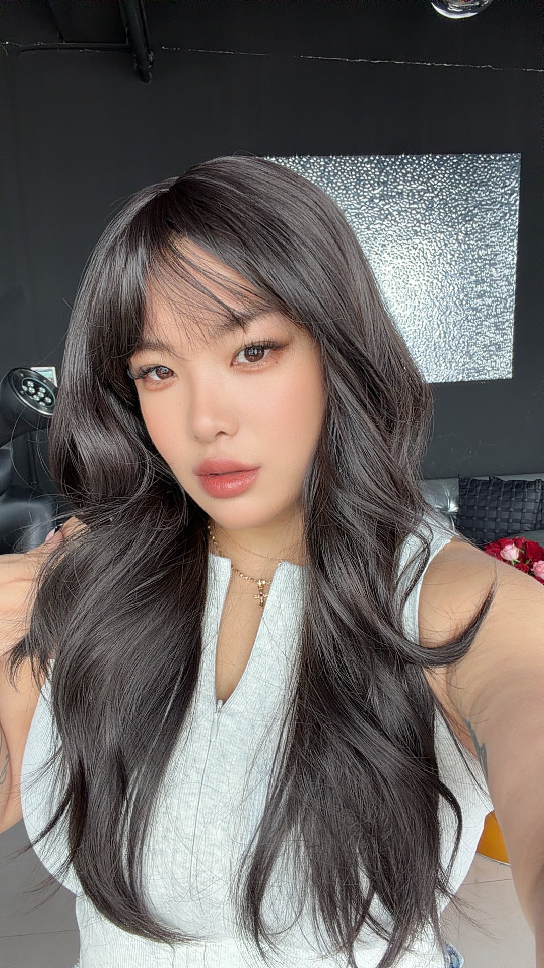 JBEXTENSION 24 Inches Curly Midnight Brown(Black/Brown) Wig with Bangs ROSITA MIDNIGHT BROWN