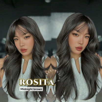 JBEXTENSION 24 Inches Curly Midnight Brown(Black/Brown) Wig with Bangs ROSITA MIDNIGHT BROWN