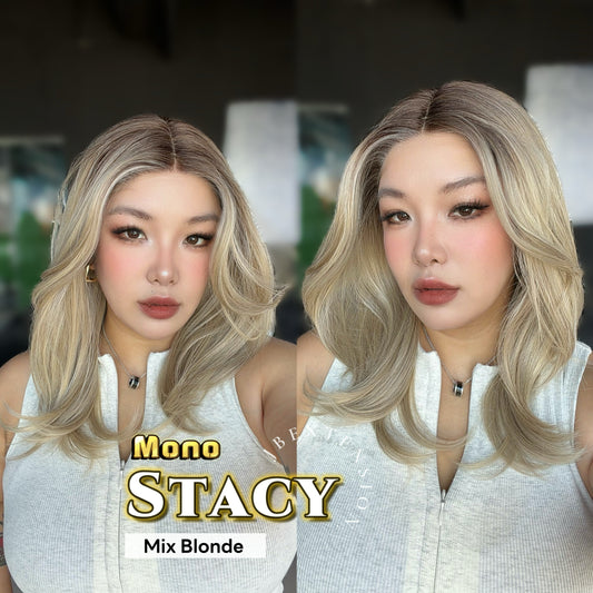 JBEXTENSION STACY MONO Monofilament Handmade Wig 6X5 Full Monofilament Hand Tied Top Wig 18 Inches Mix Blonde Mono Lace Wig with Anti-slip Silicone Strips Glueless Wig STACY MONO - MIX BLONDE【BENDY EAR TABS】