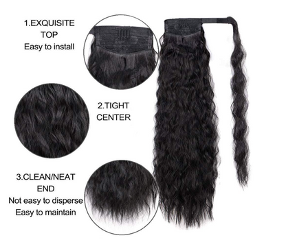 JBEXTENSION Long Corn Wave Ponytail Extension Magic Paste Heat Resistant Wavy Synthetic Wrap Around Ponytail Black Hairpiece for Women (22 Inch)