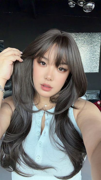 JBEXTENSION 26 Inches Long Midnight Brown(Black/Brown) Wig with Bangs AURA MIDNIGHT BROWN