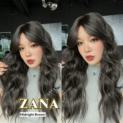 JBEXTENSION 25 Inches Wave Midnight Brown(Black/Brown) Wig with Bangs ZANA MIDNIGHT BROWN