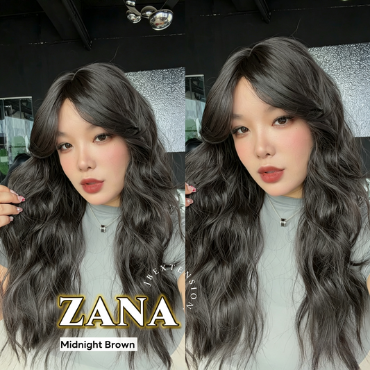 JBEXTENSION 25 Inches Wave Midnight Brown(Black/Brown) Wig with Bangs ZANA MIDNIGHT BROWN