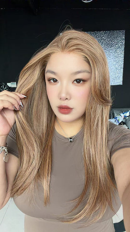 JBEXTENSION 21 Inches Straight Cinnamon Copper Pre-Cut Arc Snowflake Lace Frontlace Glueless Wig AMBER CINNAMON COPPER【BENDY EAR TABS】