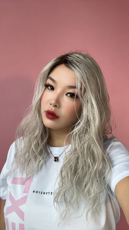 [FINAL SALE] JBEXTENSION 18 Inches Wave Silver Wig with Dark Root Women Fashion Full Machine Wig BALLERINA【PLUS PERMATEASE】【BENDY EAR TABS】