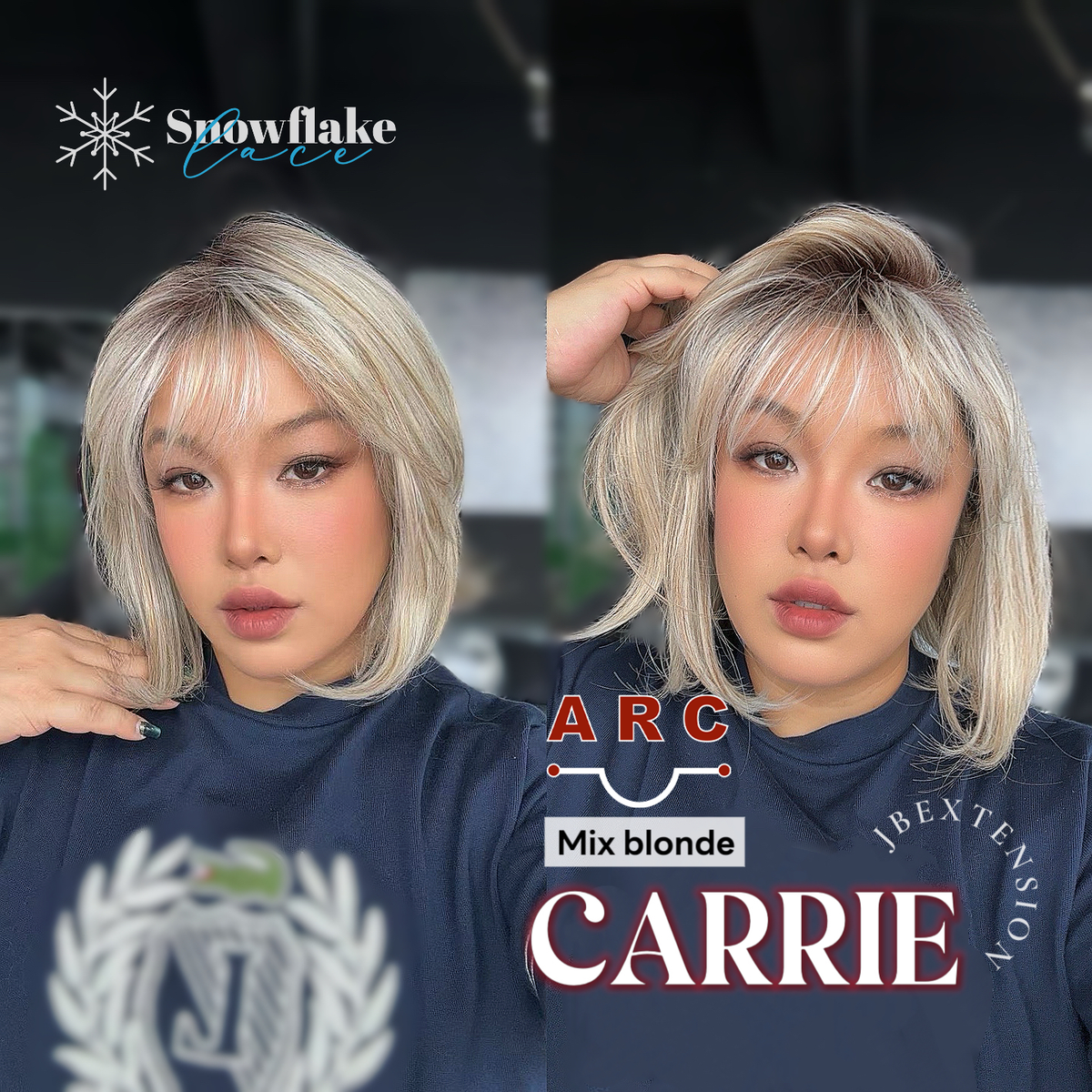 JBEXTENSION 11 Inches Short Hair Mix Blonde Pre-Cut Arc Snowflake Lace Frontlace Glueless Wig with Bangs CARRIE MIX BLONDE【BENDY EAR TABS】