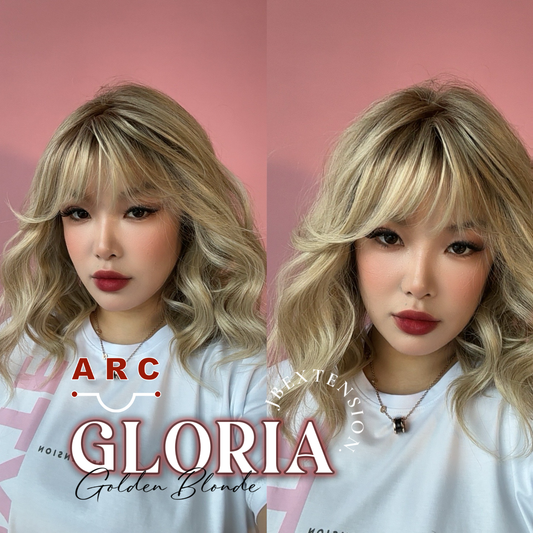 JBEXTENSION 14 Inches Curly Golden Blonde Wig with Bangs Pre-Cut Arc Snowflake Lace Frontlace Glueless Wig GLORIA GOLDEN BLONDE【BENDY EAR TABS】
