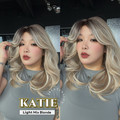 JBEXTENSION 18 Inches Scalpiana Curly Light Mix Blonde 3.5X4 Hard Silky Top Natural Scalp Effect Wig with Bangs KATIE LIGHT MIX BLONDE
