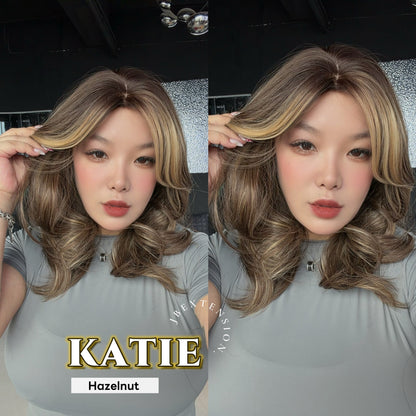 JBEXTENSION 18 Inches Scalpiana Curly Hazelnut 3.5X4 Hard Silky Top Natural Scalp Effect Wig with Bangs KATIE HAZELNUT