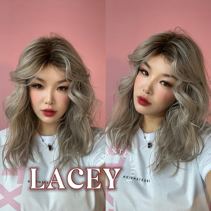 [FINAL SALE] JBEXTENSION 18 Inches Curly Mix Grey Wig with Dark Root Women Fashion Full Machine Wig LACEY【PLUS PERMATEASE】【BENDY EAR TABS】
