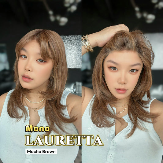 JBEXTENSION LAURETTA MONO Monofilament Handmade Wig 6X5 Full Monofilament Hand Tied Top Wig 17 Inches Mocha Brown Mono Lace Wig with Anti-slip Silicone Strips Glueless Wig LAURETTA MONO - MOCHA BROWN【BENDY EAR TABS】