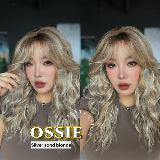 JBEXTENSION 22 Inches Scalpiana Long Wave Silver Sand Blonde 3.5X4 Hard Silky Top Natural Scalp Effect Wig with Bangs OSSIE SILVER SAND BLONDE