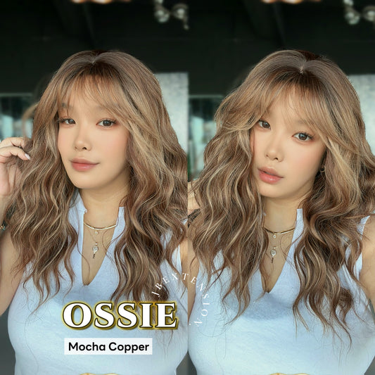 JBEXTENSION 22 Inches Scalpiana Long Wave Mocha Copper 3.5X4 Hard Silky Top Natural Scalp Effect Wig with Bangs OSSIE MOCHA COPPER